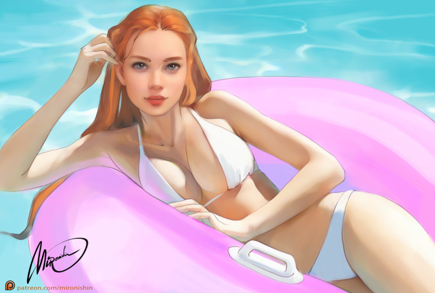 1girls bikini blue_eyes cleavage inflatable_raft long_hair looking_at_viewer mironishin orange_hair original original_character seaside