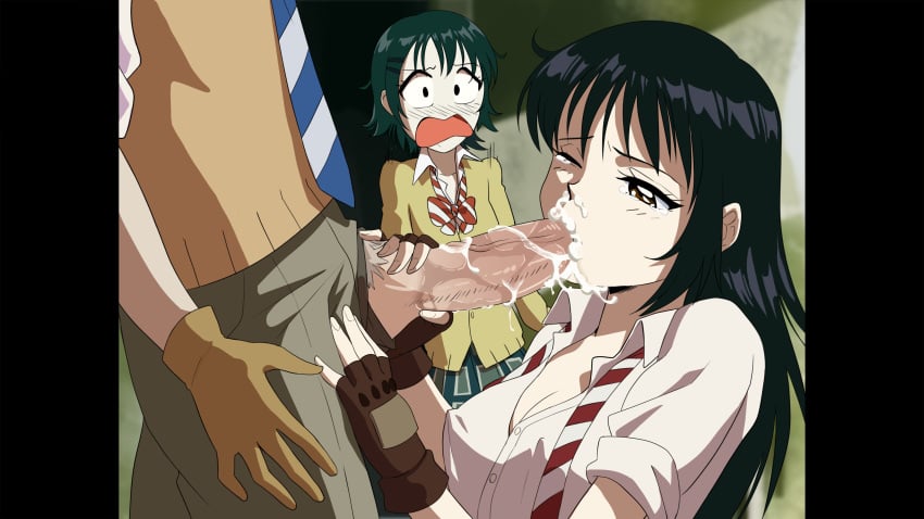 1boy 2girls alternate_version_available black_hair blowjob brown_eyes caught caught_in_the_act cleavage clothed coppelion cum cum_in_mouth cum_in_nose dirtyero_(artist) erect_nipples faceless_male fake_screenshot fellatio female female_focus fingerless_gloves fukasaku_aoi green_hair hand_on_penis kurosawa_haruto large_penis long_hair male naruse_ibara necktie nipples_visible_through_clothing one_eye_closed open_mouth oral penis pillarbox retro_artstyle straight surprised tears walk-in