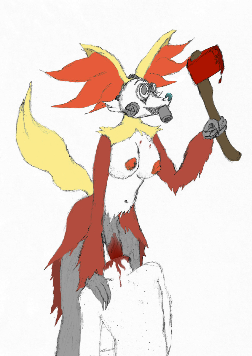 ambiguous_gender anthro axe blood blood_on_chest blood_on_penis blood_on_weapon bodily_fluids breasts clown death delphox duo gas_mask genitals gore gynomorph hi_res intersex intersex/ambiguous lunatic_lizzie_(artist) mask melee_weapon necrophilia nintendo nipples penis pokémon_(species) pokemon video_games weapon wound_penetration