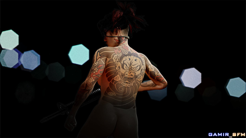 1girls 3d artist_name ass black_hair breasts call_of_duty call_of_duty_black_ops_cold_war eyepatch gamir_sfm kitsune_(cod) large_ass naked nude oni red_strand_of_hair solo_female tagme tattoo