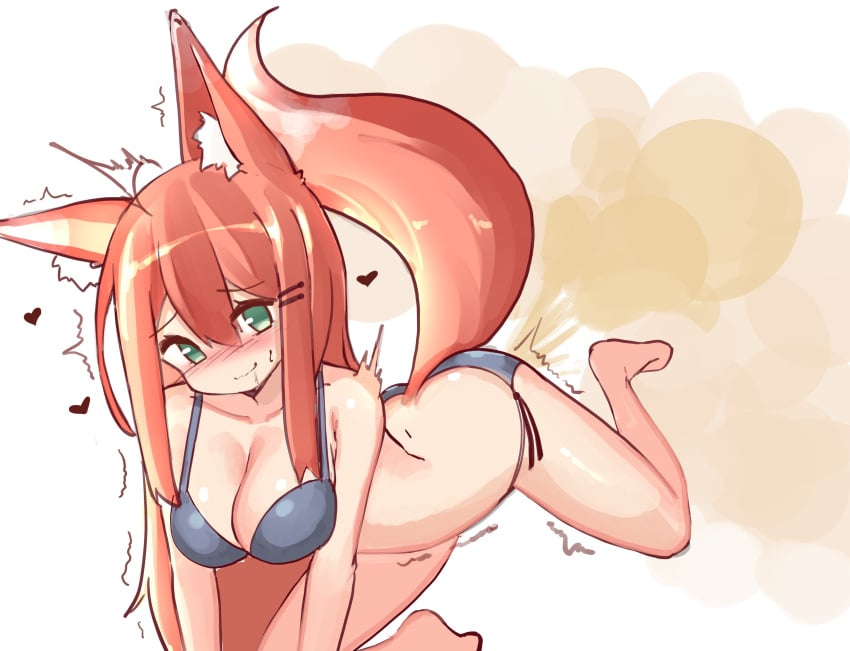 1girls actfourteen blush bra fart fart_cloud fart_fetish farting fox_ears fox_tail green_eyes hairclip heart looking_at_viewer orange_hair panties smile solo_female