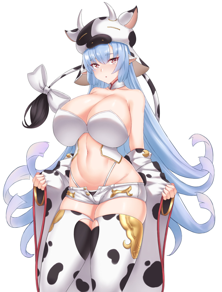 1girls 2021 banditkeith18 bare_shoulders belly big_breasts blue_hair breasts cleavage covered_nipples covered_pussy cow_print cow_print_legwear eyebrows_visible_through_hair eyelashes female female_only granblue_fantasy huge_breasts legwear light-skinned_female light_skin long_hair minishorts navel shatola_(granblue_fantasy) short_shorts shorts simple_background solo strapless_bra white_background white_bra white_shorts wide_hips