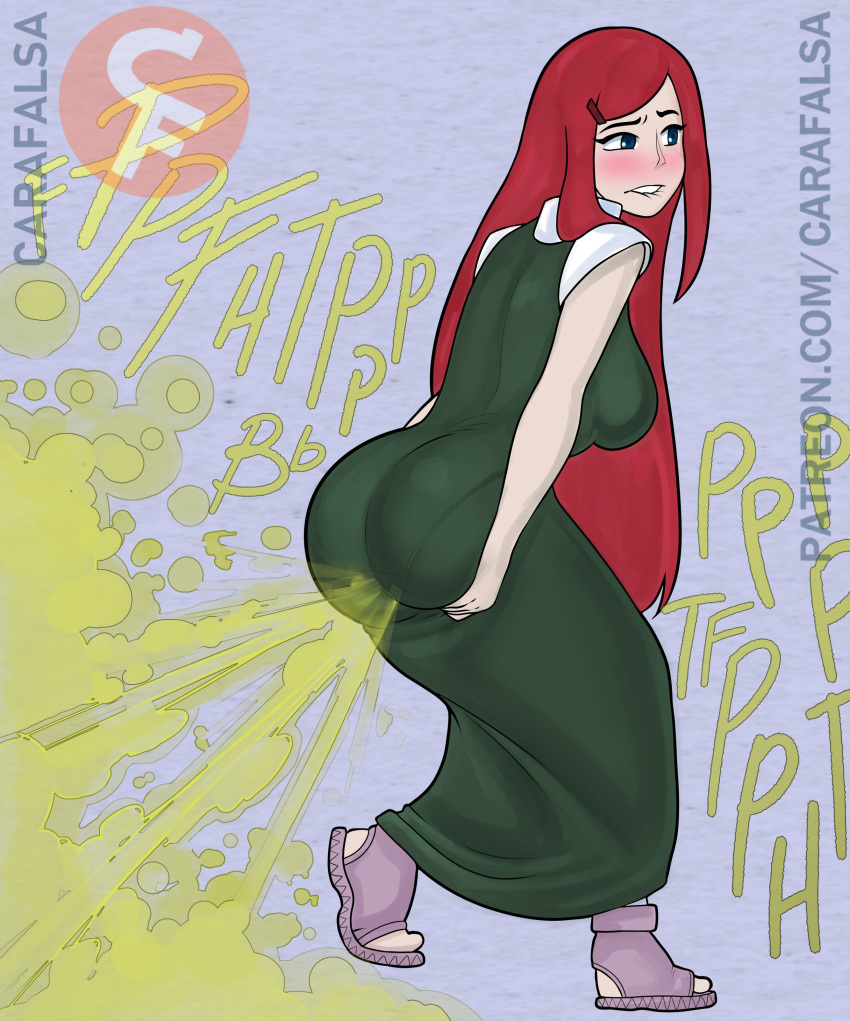 1girls ass_in_dress biting_lip blush carafalsa dress fart fart_cloud fart_fetish farting grabbing_own_ass hairclip naruto red_hair solo_female text uzumaki_kushina watermark