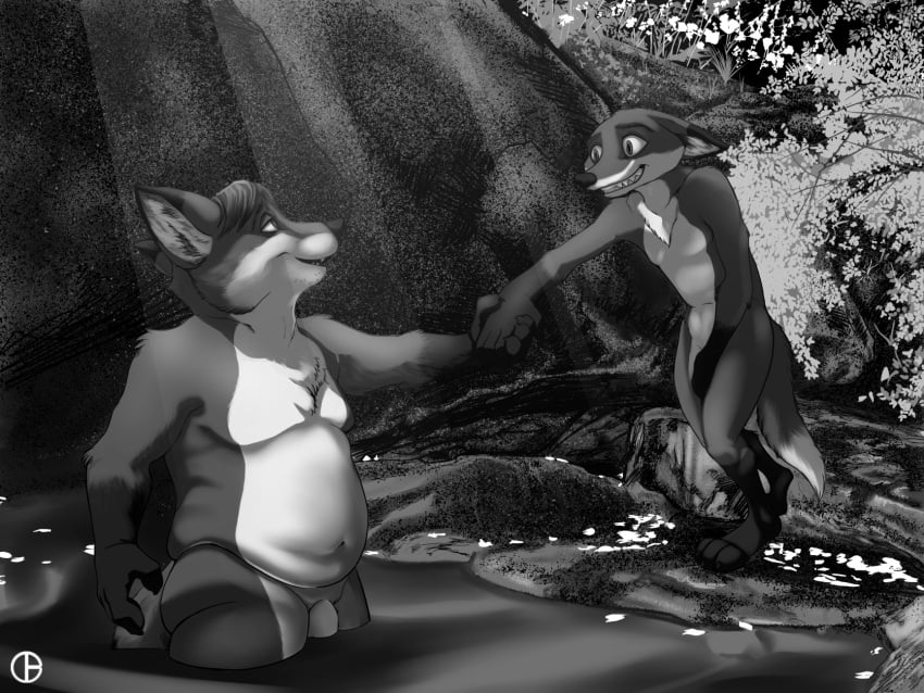 2017 3_toes 4_fingers anthro belly big_belly canid canine covering covering_crotch covering_self dbruin disney duo feet fingers flaccid fox genitals gideon_grey gloves_(marking) greyscale hand_holding hi_res hindpaw humanoid_hands leg_markings male male/male mammal markings monochrome nature navel nervous nervous_smile nick_wilde nude outside overweight overweight_male partially_submerged paws penis plant skinny_dipping socks_(marking) toes tree water yaoi zootopia