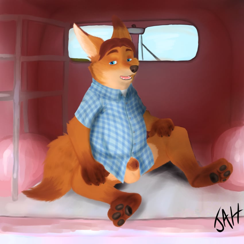 2016 absurd_res anthro balls belly black_nose blue_eyes canid canine car clothing detailed_background disney fox genitals gideon_grey hi_res inside_car jah male male_only mammal penis shirt sitting slightly_chubby solo topwear vehicle zootopia