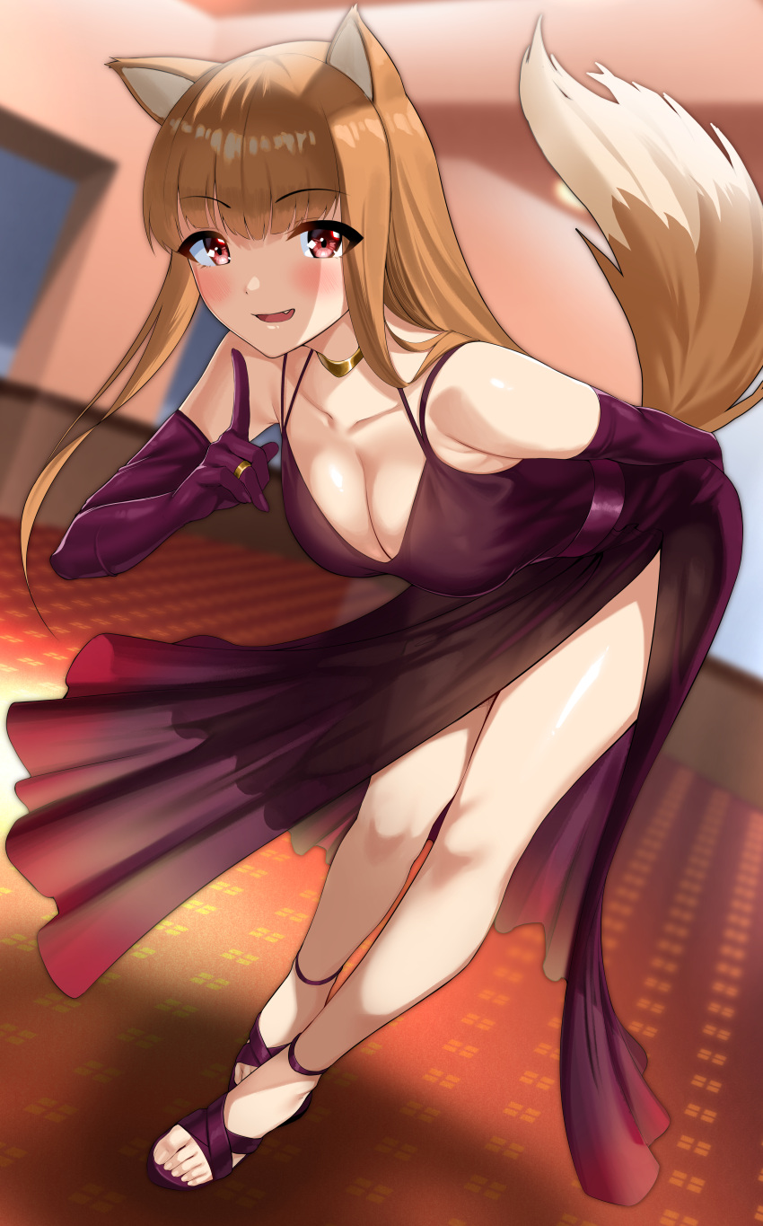 1girls animal_ears bent_over blush brown_hair cleavage clothing dress female female_only gloves high_heels holo kemonomimi kisaragi_tsurugi large_breasts long_gloves long_hair looking_at_viewer red_eyes smile solo spice_and_wolf tail wedding_ring wolf_ears wolf_girl wolf_tail