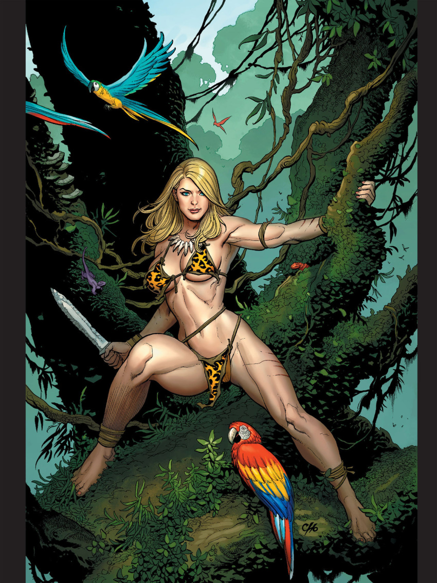 1girls big_breasts bikini blonde_female blonde_hair blue_eyes female female_only fit_female frank_cho jungle ka-zar_(series) legs_apart leopard_print leopard_print_bikini looking_at_viewer marvel marvel_comics muscular muscular_female official_art parrot savage_land shanna_plunder shanna_the_she-devil solo thick_thighs tooth_necklace voluptuous