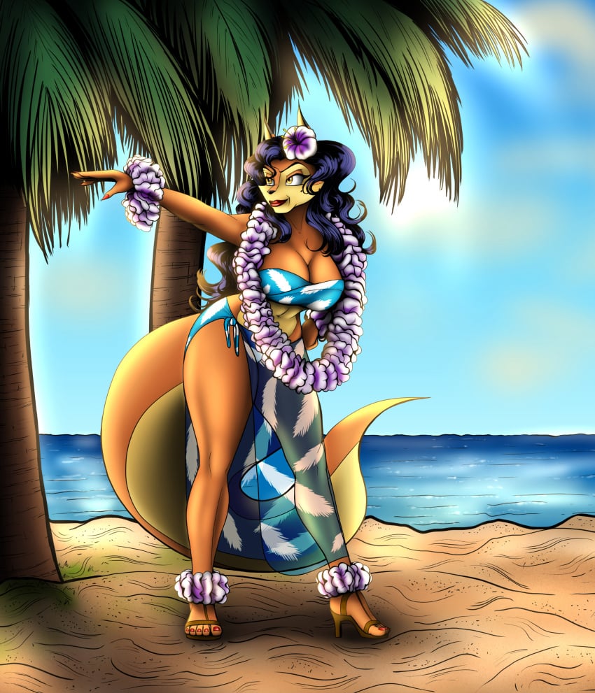 anthro bandeau_bikini beach bikini black_hair carmelita_fox cleavage dancer dancer_outfit dancing fit_female flower_anklet flower_bracelet flower_in_hair flower_necklace fox_ears fox_girl fox_tail foxgirl fury high_heels hula_girl large_breasts long_hair sarong seaside sly_cooper_(series) smooth_fur voluptuous