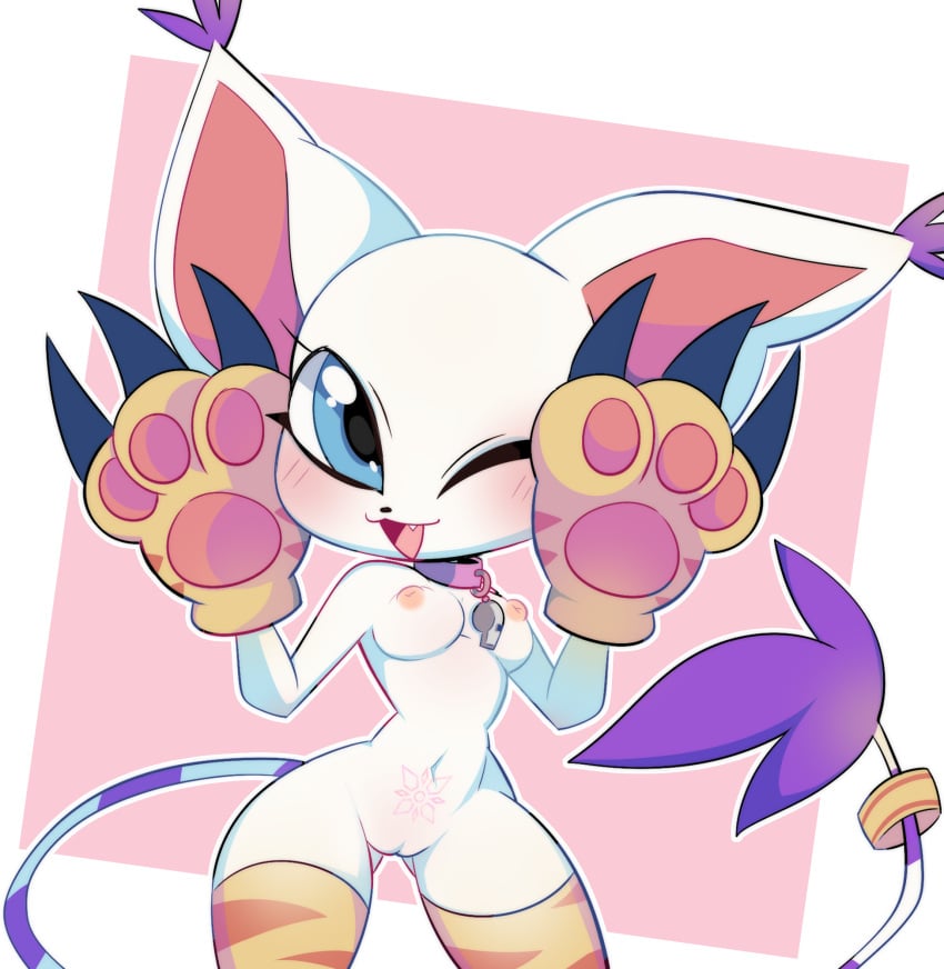 2021 anthro bandai_namco blue_eyes blush breasts clothing collar crest_of_light crests_(digimon) digimon digimon_(species) female fur furry furry_only gatomon genitals gloves handwear hi_res inverted_nipples legwear nipples one_eye_closed oopsynsfw paw_gloves pink_tattoo pubic_tattoo pussy simple_background smile solo stockings tail tailmon tattoo tattoo_on_belly thick_thighs wink