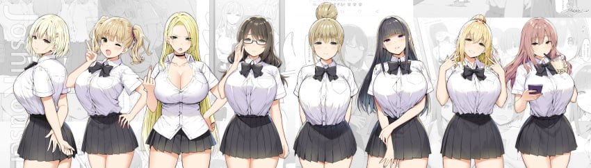 2021 6+girls 8girls absurd_res adjusting_glasses aimi_(sky_(freedom)) ara_ara arms_behind_back artist_name bare_arms big_breasts black_eyes black_hair blonde_hair blue_eyes blue_nails blush bow bowtie breasts brown_eyes brown_hair bubble_tea button_gap choker cleavage clothed clothed_female clothing collared_shirt color colored copyright_name cowboy_shot double_w drink drinking drinking_straw ear_piercing everyone eyebrows_visible_through_hair eyes_visible_through_hair fangs female female_only fully_clothed glasses grey_eyes gyaru hair_between_eyes hair_bun hair_scrunchie hairclip hand_on_arm hand_on_glass hand_on_hip heart highres hime_cut himeko_(sky_(freedom)) hinano_(sky_(freedom)) holding_drink holding_phone huge_breasts human joshi_kōsei_rich_thots kaori_(sky_(freedom)) large_breasts light_blush long_hair looking_at_viewer looking_back matching_hair/eyes middle_finger miniskirt mole mole_under_mouth monochrome_background multicolored_nail_polish multiple_girls nail_polish one_eye_closed original partially_unbuttoned phone piercing pink_hair pink_nails pleated_skirt ponytail pose purple_eyes purple_nails red_nails rena_(sky_(freedom)) riko_(sky_(freedom)) school_uniform scrunchie semi-rimless_glasses serafuku shirt short_hair short_twintails signature skirt sky_(freedom) smartphone smile standing straw teeth text thick_thighs thighs tied_hair twintails uniform v very_long_hair w watermark wink yellow_eyes yui_(sky_(freedom)) yurie_(sky_(freedom))