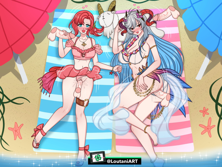 2girls alternate_costume ass bare_legs barefoot beach bikini bikini_aside blue_hair blush breasts cleavage disembodied_penis fire_emblem fire_emblem:_new_mystery_of_the_emblem fire_emblem:_shadow_dragon fire_emblem_heroes flower flower_necklace freyja_(fire_emblem) freyja_(summer)_(fire_emblem) gangbang goat green_eyes grey_hair group_sex handjob heavy_blush horns large_ass large_breasts long_hair looking_at_viewer loutaniart medium_breasts medium_hair motion_lines multicolored_hair multiple_girls nintendo norne_(fire_emblem) norne_(summer)_(fire_emblem) ocean official_alternate_costume on_back open_mouth pelvic_curtain penis_grab pink_bikini pink_swimsuit plushie ponytail pussy pussy_juice red_eyes red_hair red_horns sand sandals seaside sex smile swimsuit towel umbrella vaginal_penetration very_long_hair white_bikini white_swimsuit