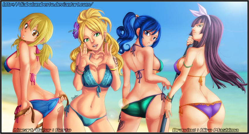 ass big_ass bikini blonde_hair blue_eyes blue_hair bubble_butt cedric_humbert cleavage fairy_tail flower_in_hair green_eyes hazel_eyes hime_cut jenny_realight juvia_lockser kagura_mikazuchi large_breasts long_hair looking_at_viewer lucy_heartfilia ponytail purple_hair twintails voluptuous