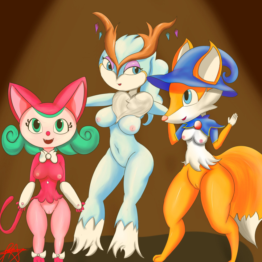 3girls air_cat_(balan_wonderworld) balan_wonderworld blue_eyes box_fox_(balan_wonderworld) cat cat_girl frost_fairy_(balan_wonderworld) fur furry pixyfox23 rule_63 smile square_enix tagme