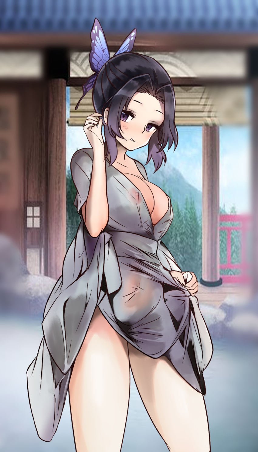 black_hair butterfly_hair_ornament cleavage clothing_lift dark_hair demon_slayer female female_only kimetsu_no_yaiba kochou_shinobu looking_at_viewer nipples_visible_through_clothing purple_eyes robe solo two_tone_hair unstableboiler