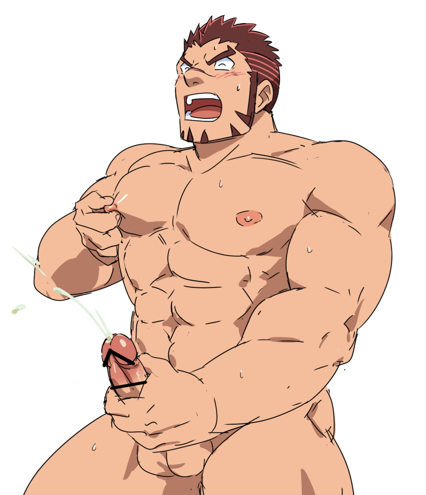 1boy abs akashi_(live_a_hero) bar_censor bara blush brown_hair censored completely_nude cum ejaculation erection facial_hair goatee highres large_pectorals live-a-hero long_sideburns male_focus male_masturbation male_only male_solo masturbation mature_male motion_lines multicolored_hair muscular muscular_male nipple_tweak nipples nude pectorals penis projectile_cum red_eyes red_hair ruizu_(takakisan503) short_hair sideburns solo stomach streaked_hair thick_eyebrows thick_thighs thighs