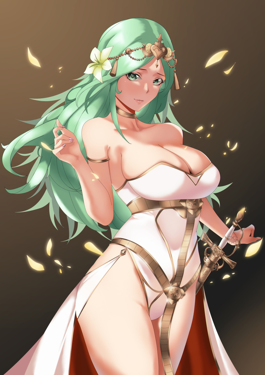 1girls absurdres armlet bare_shoulders breasts circlet cleavage closed_mouth falling_petals fire_emblem fire_emblem:_three_houses flower gold_choker gold_trim green_eyes green_hair hair_flower hair_ornament harstfazn highleg highleg_leotard highres large_breasts leotard long_hair nintendo petals pink_lips rhea_(fire_emblem) standing sword thighs weapon white_leotard