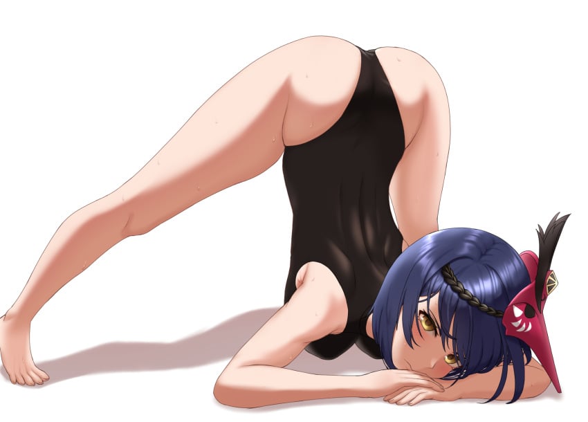 1nilla' all_fours ass ass_up bare_legs barefoot bent_over black_hair blush breasts feet genshin_impact hi_res human jack-o_pose kujou_sara legs leotard looking_at_viewer mask short_hair spread_legs sweat thighs toes top-down_bottom-up yellow_eyes