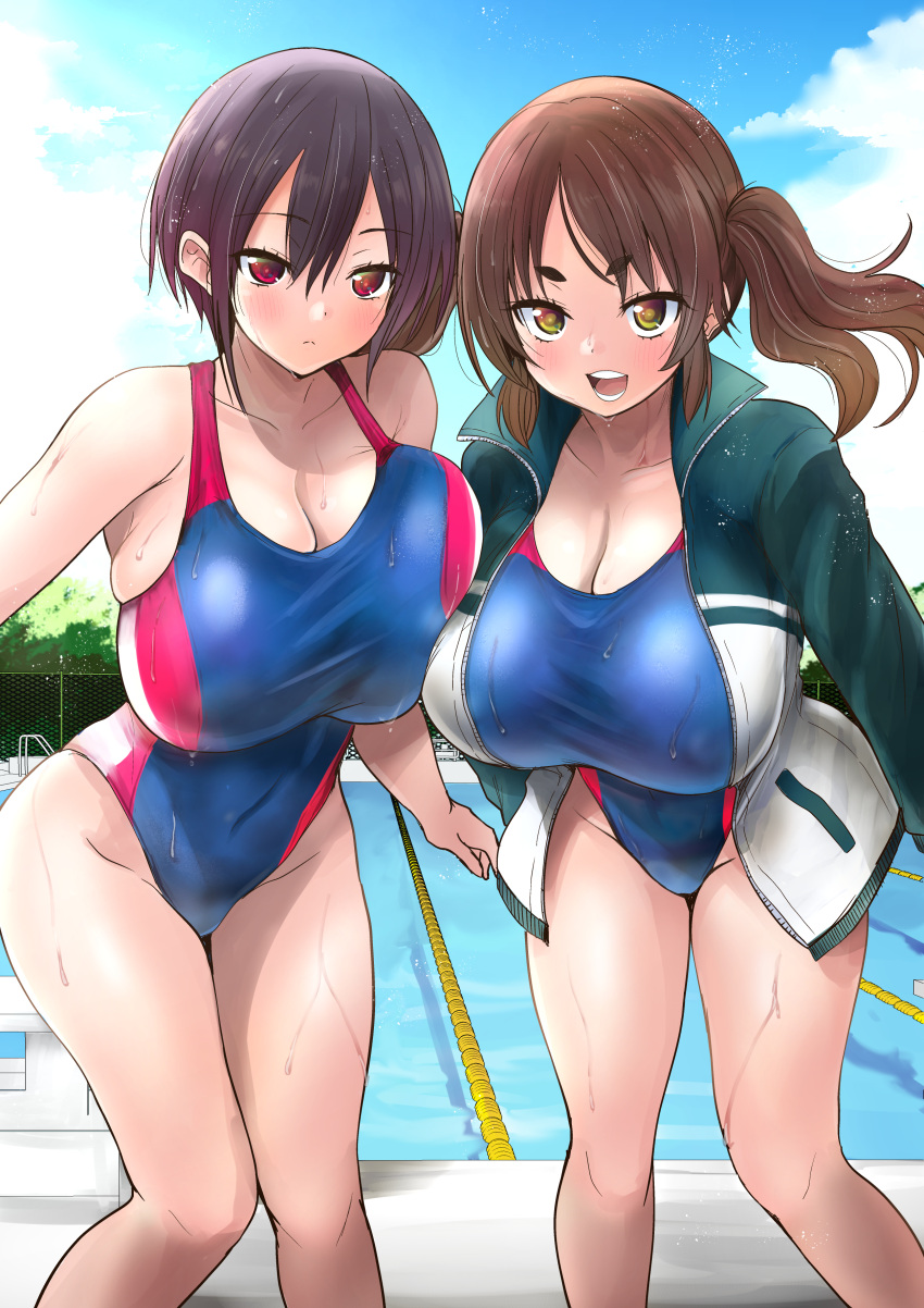 2girls absurd_res artist_request asymmetrical_hair breast_press breasts brown_eyes brown_hair bursting_breasts cleavage clothing female hi_res huge_breasts jacket leaning_forward long_hair looking_at_viewer medium_hair multiple_girls one-piece_swimsuit open_clothes open_jacket open_mouth original outdoors ponytail pool side_ponytail skindentation swimsuit tank_suit thighs tied_hair water wet