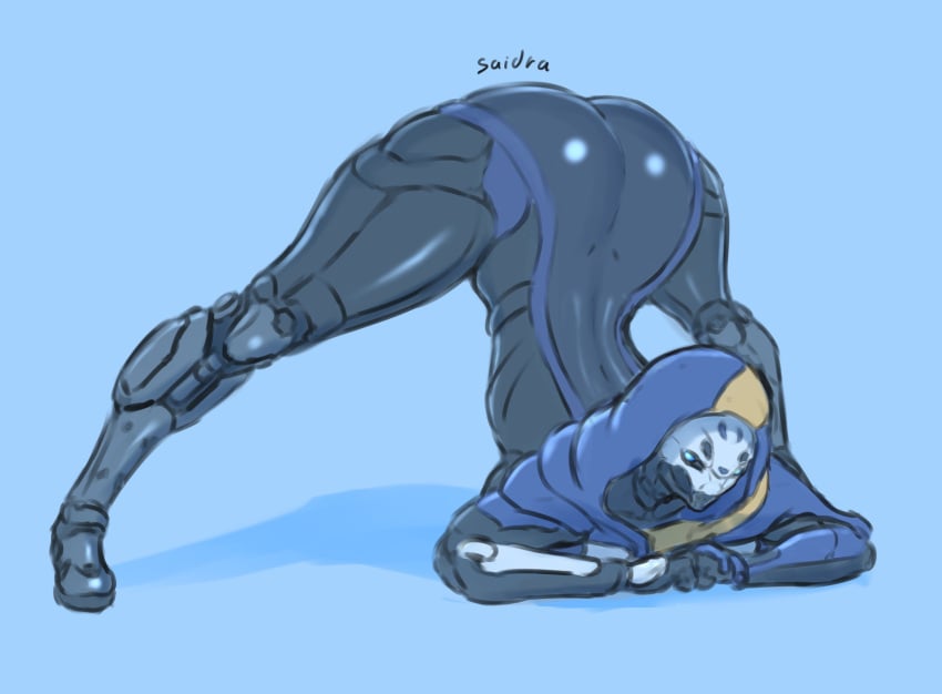 1girls 2d ass ass_up bent_over big_ass blue_background bodysuit bungie destiny_(game) elsie_bray exo exo_stranger female_only hood jack-o_pose jackochallenge non-human robot robot_girl saidra solo solo_female top-down_bottom-up