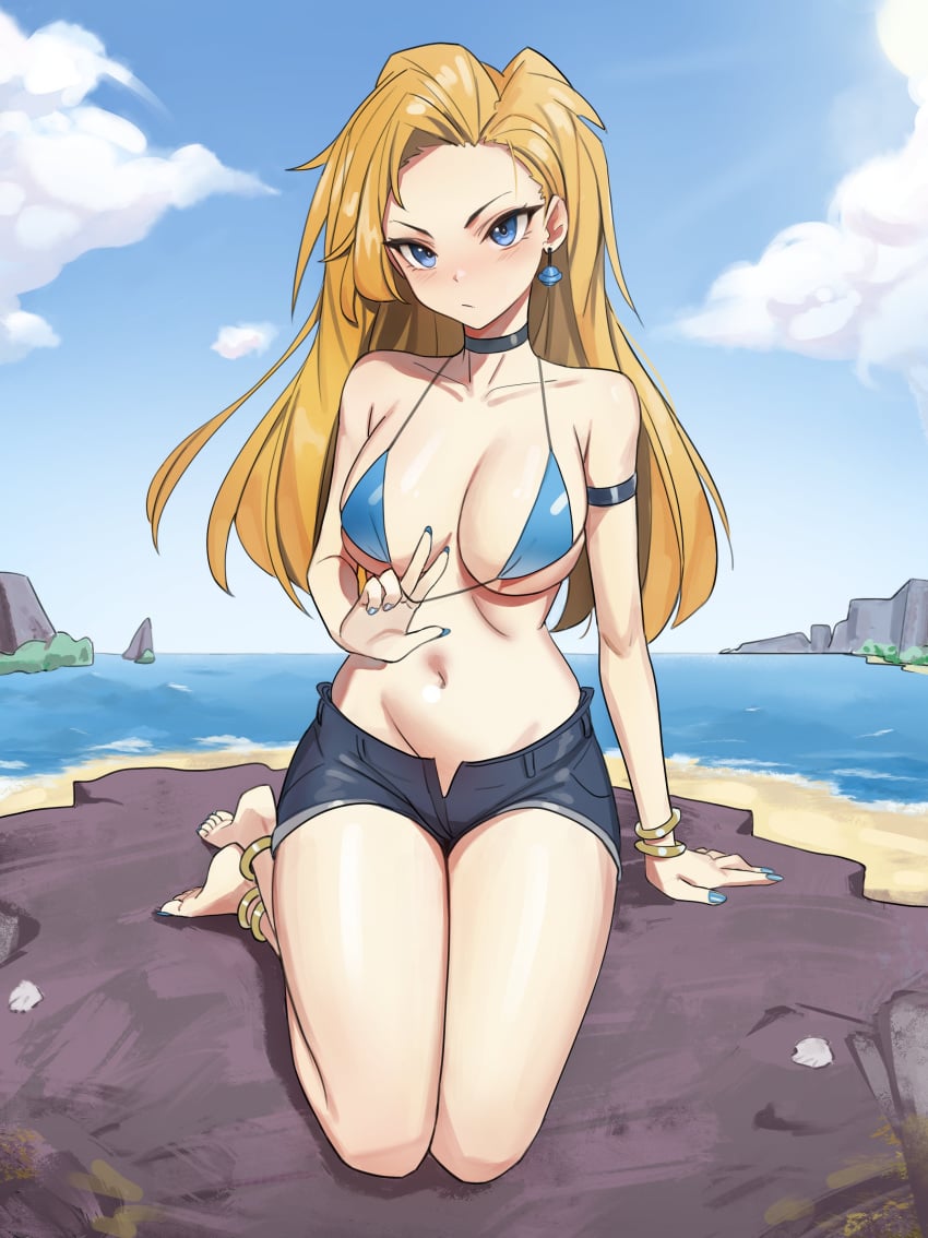 1girls 2020s 2021 areolae barefoot beach bikini blank_expression blonde_hair blue_eyes blue_nails breasts clothed clothing clouds detailed_background earring female female_only front_view human kiritzugu kneeling light-skinned_female light_skin long_hair manga mostly_nude nail_polish navy_blue_bottomwear ocean open_fly outdoors rocks sand shiny_breasts shiny_clothes shiny_hair shiny_skin shorts sitting sitting_on_knees sitting_on_rock solo solo_female swimsuit_top tomboy water