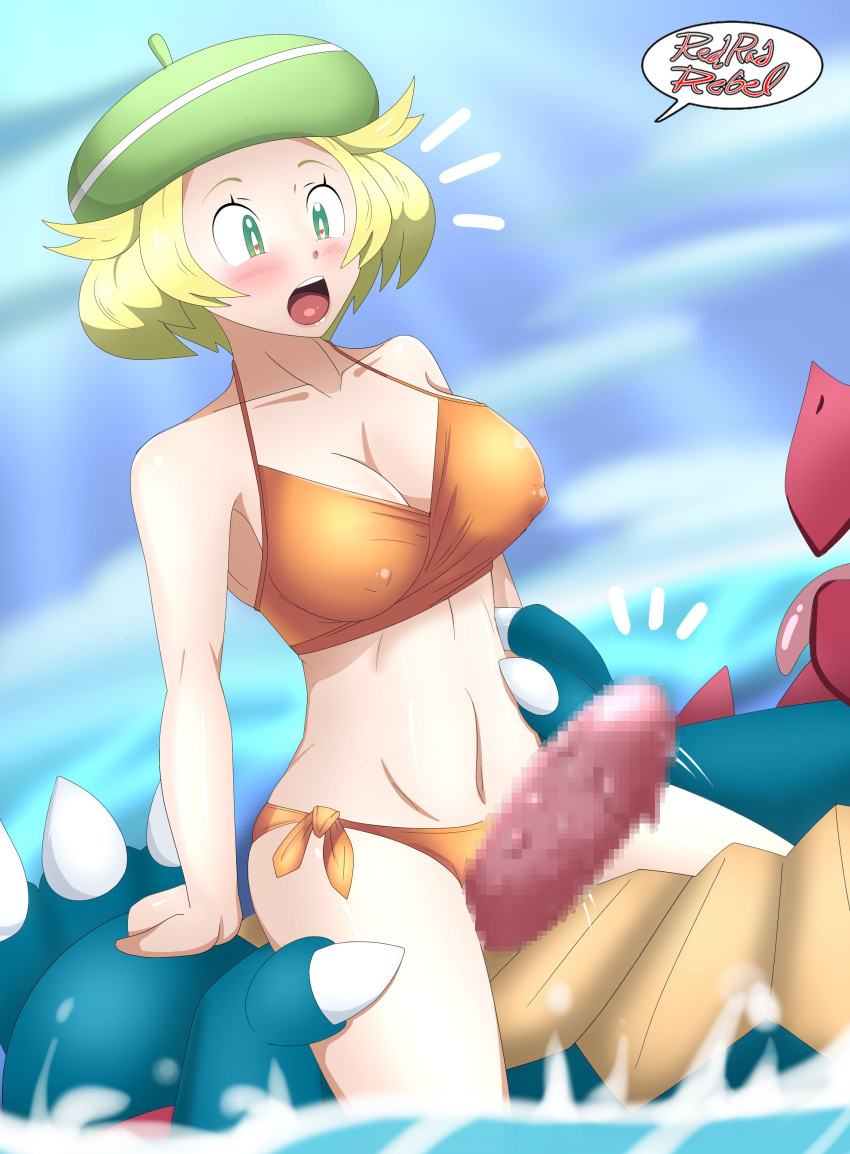 1boy 1boy1girl 1girls bestiality bianca_(pokemon) big_breasts blonde_hair breasts brown_hair censored dracophilia druddigon female_on_feral game_freak hat male_pokemon/female_human nintendo open_mouth pokemon pokemon_bw pokephilia redradrebel short_hair simple_background swimsuit teeth video_games water zoophilia