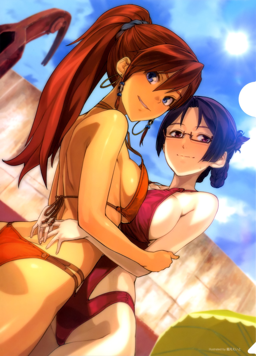 2girls ass bellows_(suisei_no_gargantia) big_breasts bikini blue_eyes breast_press breasts busty closed_mouth couple dark-skinned_female dark_skin day duo dutch_angle earrings female female_only glasses grin hoop_earrings hug hugging interracial large_breasts long_hair looking_at_viewer looking_back multiple_girls mutual_yuri one-piece_swimsuit outdoors pink_eyes ponytail purple_hair red_hair ridget_(suisei_no_gargantia) seductive seductive_smile sensual shimotsuki_eight short_hair smile suisei_no_gargantia swimsuit symmetrical_docking voluptuous yuri