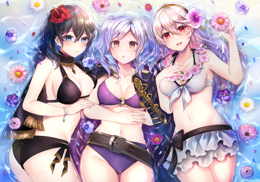 3girls :d :o alternate_costume asada_sadao ass bangs bare_shoulders belt bikini bikini_skirt black_bikini black_cape black_coat black_swimsuit blonde_hair blue_eyes blue_hair blush breasts brown_belt brown_eyes byleth_(fire_emblem) byleth_(fire_emblem)_(female) byleth_(summer)_(fire_emblem)_(female) cape cleavage coat coat_on_shoulders collarbone corrin_(fire_emblem) corrin_(fire_emblem)_(female) corrin_(summer)_(fire_emblem)_(female) cowboy_shot eyebrows_visible_through_hair female female_only fire_emblem fire_emblem:_three_houses fire_emblem_awakening fire_emblem_fates fire_emblem_heroes flower flower_necklace flower_on_liquid frilled_skirt frills front-tie_bikini front-tie_top groin hair_between_eyes hair_flower hair_ornament hairband hand_on_own_chest hand_up hibiscus highres jewelry large_breasts long_hair looking_at_viewer lying multiple_girls navel necklace nintendo o-ring o-ring_bikini official_alternate_costume on_back open_mouth parted_lips pointy_ears purple_bikini purple_swimsuit red_eyes red_flower ribbon robin_(female)_(summer)_(fire_emblem) robin_(fire_emblem) robin_(fire_emblem)_(female) sadao4a side-tie_bikini sidelocks silver_hair skirt smile stomach swimsuit symbol-only_commentary teal_hair twintails twisted_torso underboob white_bikini white_skirt white_swimsuit wrist_ribbon