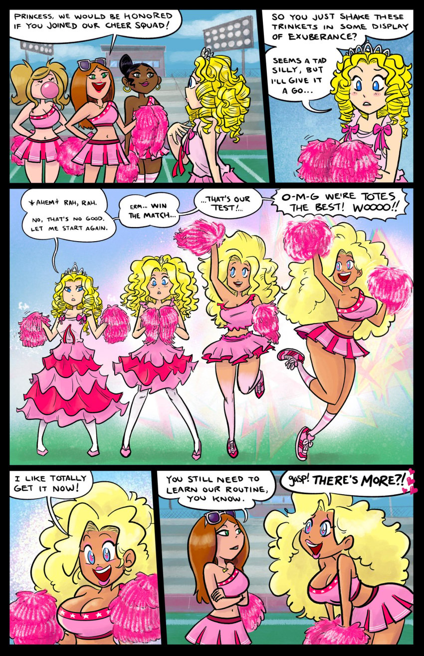 big_breasts bimbo bimbofication blonde_hair breast_expansion caelia cheerleader cheerleader_uniform comic english_text female mr-dna tagme text transformation