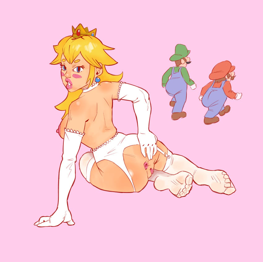 1girls 2021 anus areolae ass big_ass big_breasts blonde_hair blush breasts brkn_pncl cd-i elbow_gloves feet female female_only from_behind garter garter_straps gloves hotel_mario human light-skinned_female light_skin lingerie long_hair looking_at_viewer luigi mario mario_(series) meme nintendo nipples nude on_side pink_background presenting_hindquarters princess_peach pussy see-through sitting solo spread_anus spreading thighhighs