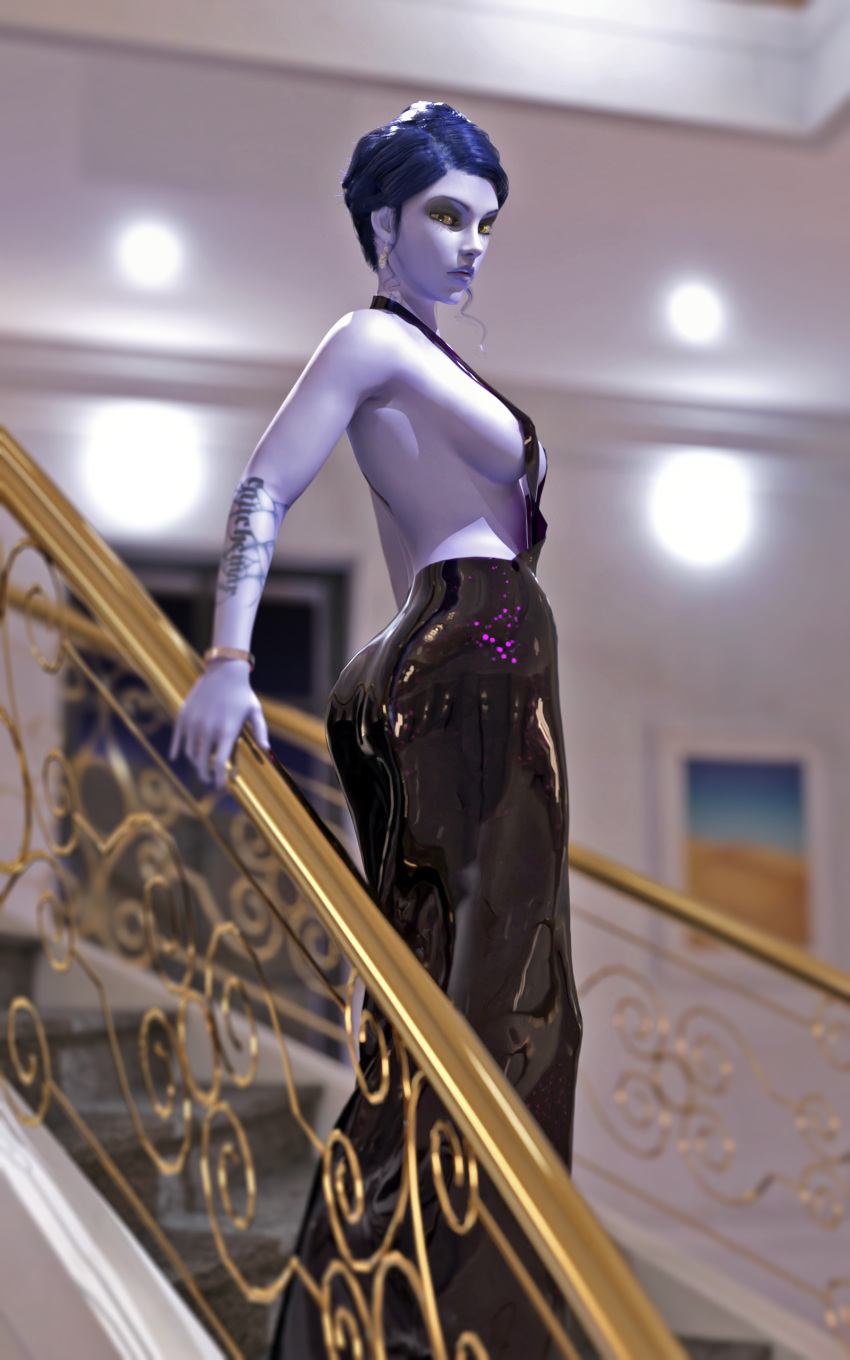 1girls 3d alternate_hairstyle amelie_lacroix ass blizzard_entertainment blue_hair blue_skin butt dark_blue_hair dat_ass dress european eyeshadow female french looking_at_viewer looking_back mry overwatch petite presenting_ass sideboob tied_hair widowmaker yellow_eyes