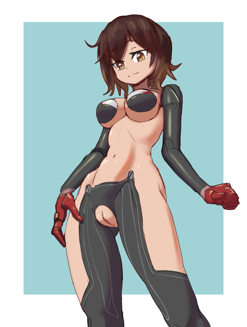 1girls bottomless brown_hair female female_focus female_only formerly highres hololive hololive_gen_0 hololive_japan medium_breasts pussy roboco-san short_hair simple_background solo standing uncensored virtual_youtuber youtube youtuber