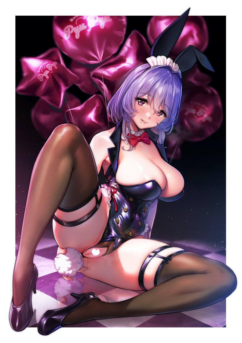 absurdres anal anal_object_insertion animal_ears bare_shoulders black_legwear black_leotard bow bowtie breasts bunny_day censored cleavage cleavage_cutout clothing_cutout collar crotch_cutout female high_heels highres large_breasts leotard licking licking_lips looking_at_viewer maid_headdress mole mole_under_mouth naughty_face navel object_insertion ogre_(illustogre) original playboy_bunny purple_eyes pussy pussy_juice pussy_juice_trail rabbit_ears sex_toy sitting skindentation solo spread_legs thick_thighs thigh_strap thighhighs thighs tongue tongue_out