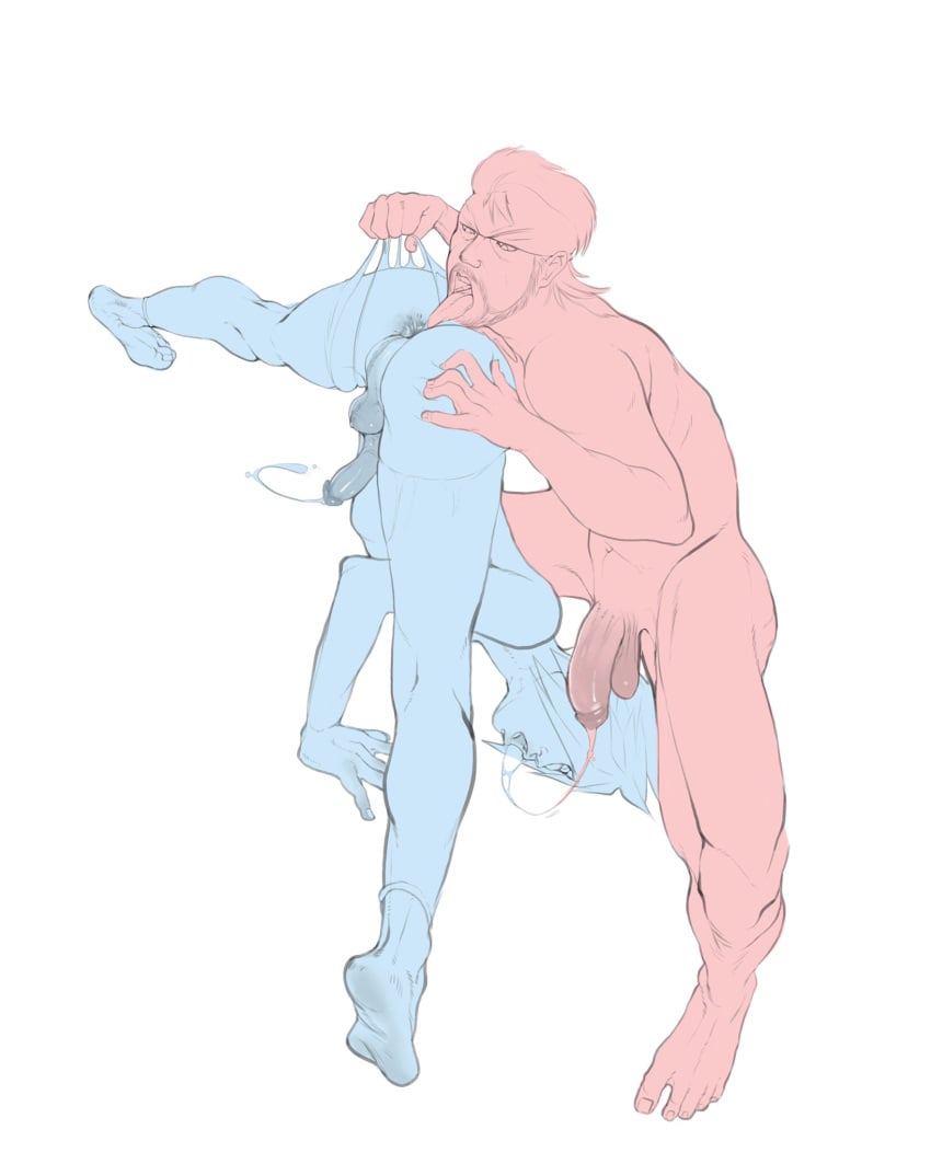 2boys 69 anilingus ass balls flat_colors gay lovettica male_only metal_gear_solid oral penis perineum sex sketch solid_snake spread_legs tongue_out torn_clothes white_background yaoi