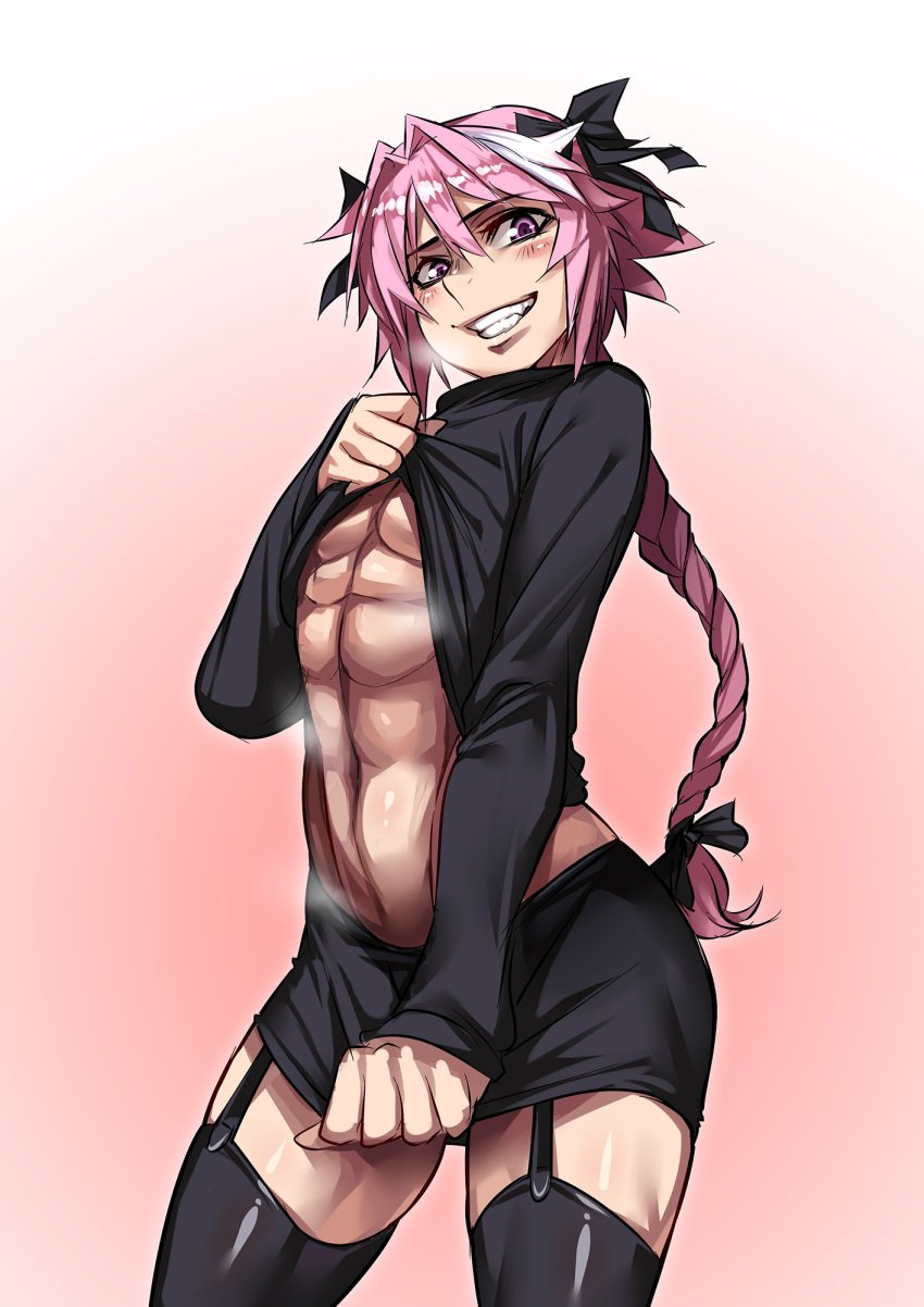 1boy 2019 abs absurd_res astolfo_(fate) black_clothing blush bow braid clothing crossdressing eyebrows_visible_through_hair fangs fate/apocrypha fate/grand_order fate_(series) femboy garter_straps gradient_background grin hair_between_eyes hair_ribbon highlights highres long_hair long_ponytail looking_at_viewer male male_only matching_hair/eyes miniskirt muscular muscular_femboy muscular_male muscular_trap navel pecs pink_background pink_eyes pink_hair ponytail ribbon ryuusei_(mark_ii) simple_background single_braid skirt skirt_tug smile solo standing sweater sweater_lift teeth thick_thighs thighhighs thighs tied_hair trap white_highlights zettai_ryouiki