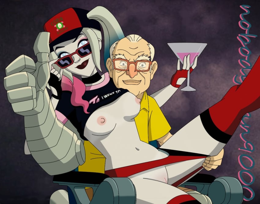 1boy 1girls accurate_art_style assisted_exposure baseball_cap batman_(series) breasts choker clothing dc dc_comics edit elderly_male exposed_breasts exposed_pussy footwear handwear harleen_quinzel harley_quinn harley_quinn_(2019) harley_quinn_(series) martini martini_glass navel nipples nobodyman9000 older_male panty_pull pussy run sunglasses sy_borgman thumbs_up younger_female