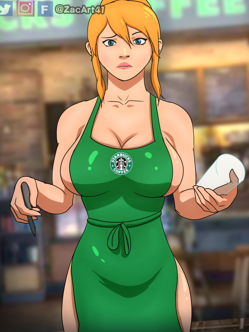 big_breasts blonde_hair commission iced_latte_with_breast_milk meme patreon pinup starbucks ych zacart41