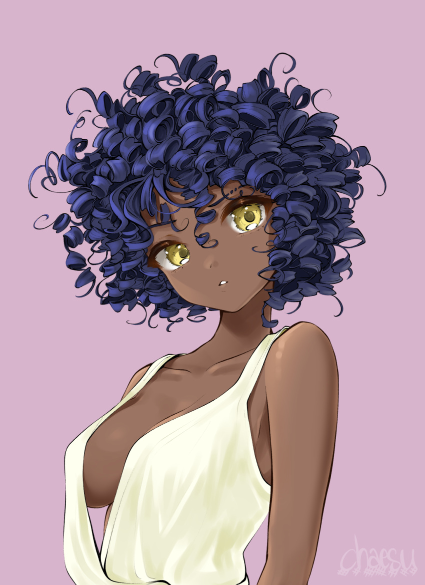 1girls afro armpits ass baggy_clothing bare_arms bare_shoulders breasts chaesu cleavage collarbone curly_hair dark-skinned_female dark_hair dark_skin female female_focus female_only head_tilt inner_sideboob large_breasts looking_at_viewer loose_clothes open_mouth purple_hair sideboob simple_background solo solo_female solo_focus tagme yellow_eyes