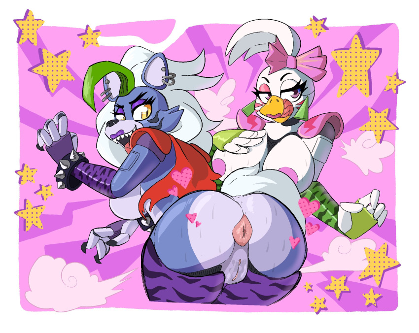 2girls 80's_theme animatronic anthro anus ass beak big_ass big_breasts big_butt bird black_nose bow_tie bracelet breasts bubble_butt chicken claws ear_piercing earrings fingerless_gloves five_nights_at_freddy's five_nights_at_freddy's:_security_breach furry galliform glamrock_chica_(fnaf) green_hair grey_body grey_fur handwear heart huge_ass humanoid jewelry lips long_hair looking_at_viewer looking_back mammal multicolored_hair narrowed_eyes nipples pink_eyes purple_body pussy roxanne_wolf_(fnaf) scottgames seductive_look sharp_teeth shoulder_pads sideboob simple_background slimewiz spikes stars steel_wool_studios stockings sweaty sweaty_ass sweaty_butt tail talking_to_viewer textless tongue tongue_out two_tone_body two_tone_fur wet wet_pussy white_body white_feathers white_fur white_hair wolf wolf_ears wolf_humanoid wolf_tail wrist_cuffs yellow_eyes