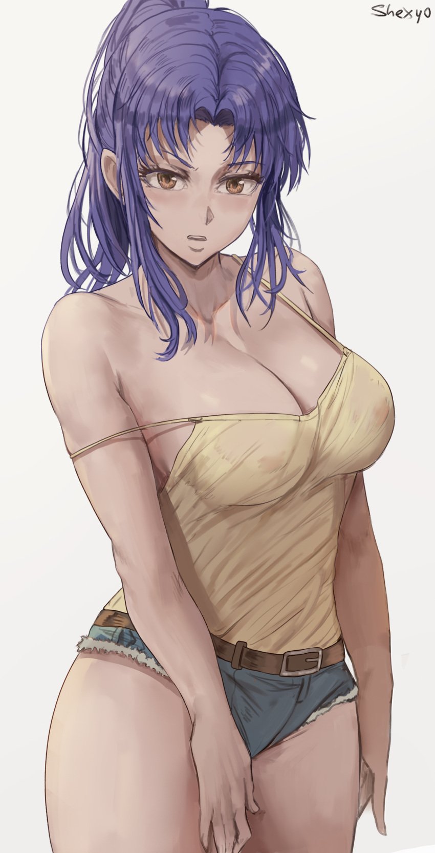 1girls 2020s 2021 artist_signature bare_legs belt blue_bottomwear blue_hair blush breasts brown_belt brown_eyes cleavage clothing confused denim_shorts female female_focus female_only front_view gold_eyes hi_res huge_breasts jean_shorts large_breasts long_hair looking_at_viewer manga mature_female misato_katsuragi neon_genesis_evangelion nipples_visible_through_clothing ponytail purple_eyebrows purple_hair shexyo shiny_breasts shiny_hair shiny_skin shorts simple_background solo solo_female standing strap_slip tank_top thick_thighs thighs tomboy watermark white_background yellow_topwear