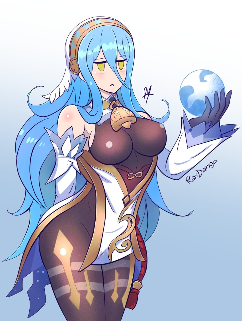 1girls alternate_costume azura_(fire_emblem) blue_hair bodystocking cosplay crossover fire_emblem fire_emblem_fates frown ganyu_(genshin_impact) ganyu_(genshin_impact)_(cosplay) genshin_impact gloves hair_between_eyes holding_object large_breasts light_blue_hair long_hair nintendo raydango solo unamused very_long_hair yellow_eyes