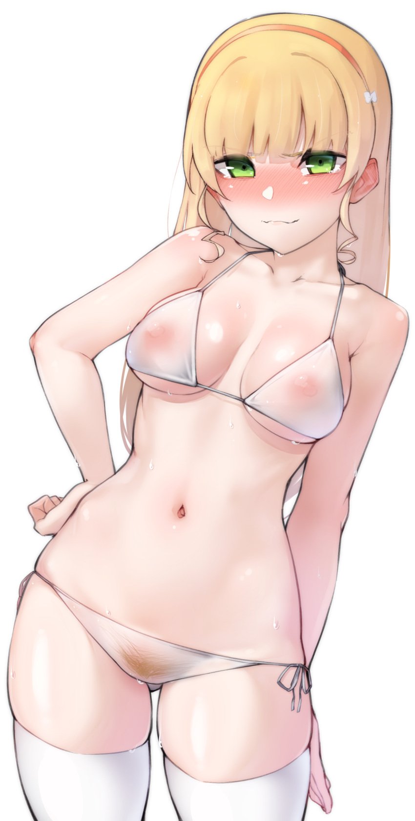 >:) absurdres ass_visible_through_thighs bangs bikini blonde_hair blonde_pubic_hair blush breasts closed_mouth collarbone commentary_request cowboy_shot drill_hair eyebrows_visible_through_hair female female_pubic_hair green_eyes hairband hand_on_hip heanna_sumire highres long_hair looking_at_viewer love_live! love_live!_superstar!! medium_breasts nasuno_(nasuno42) navel nipples nose_blush pubic_hair see-through side-tie_bikini skindentation smile solo standing string_bikini swimsuit thighhighs v-shaped_eyebrows white_background white_bikini white_legwear