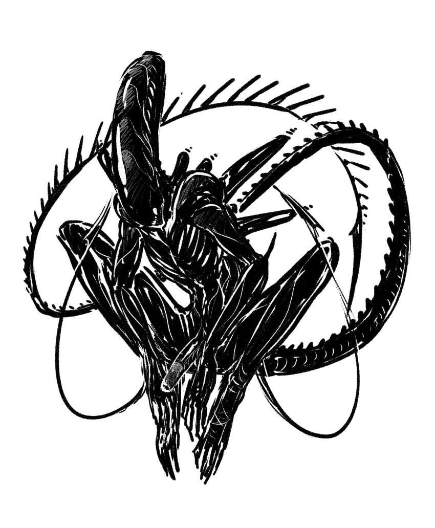 2021 alien alien_(franchise) alien_humanoid alien_penis black_and_white black_body carapace flaccid keeyitlowkey male male_only male_xenomorph monster no_color original_character penis tagme tail xenomorph