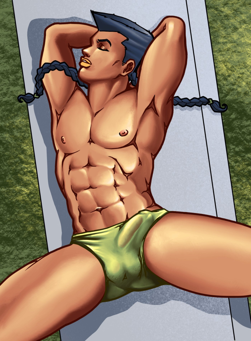 bulge jojo's_bizarre_adventure jojolion laying_down penis_under_clothes rai_mamezuku shirtless solo_male