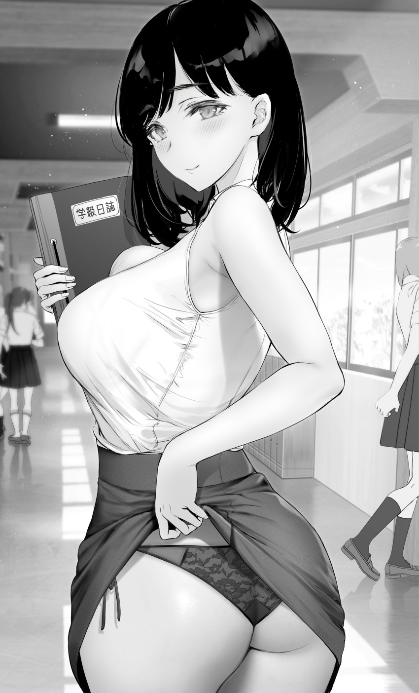 1girls ass ass_focus bare_shoulders black_hair black_panties blush breasts exhibitionism female gentsuki greyscale hi_res large_breasts looking_at_viewer original panties public public_exposure school school_uniform schoolgirl seductive seductive_smile skirt skirt_lift smile teacher teasing underwear