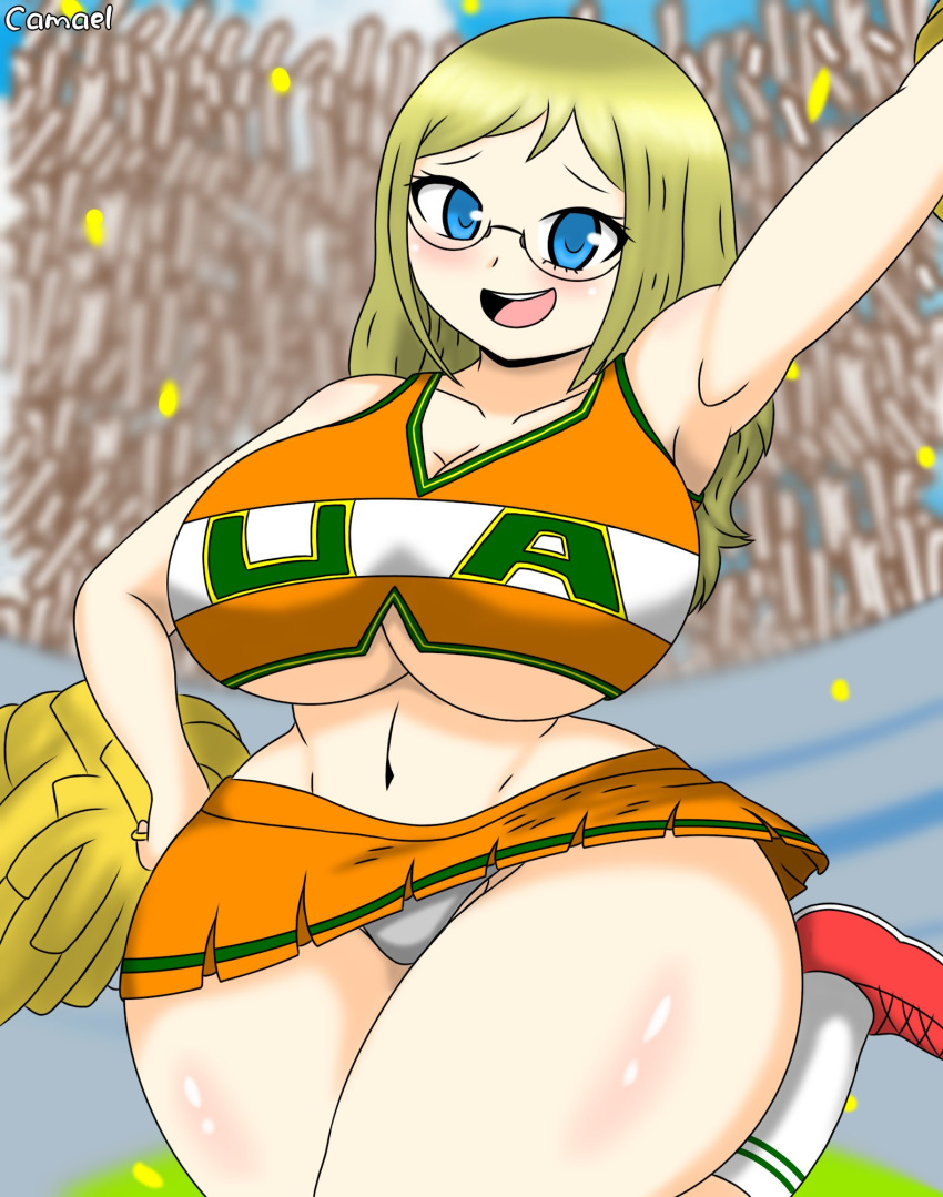 alternate_version_available big_ass big_breasts big_butt blonde_hair blue_eyes bubble_ass bubble_butt camael cheerleader cheerleader_uniform curvy glasses melissa_shield microskirt my_hero_academia solo_female thick_thighs u.a._cheerleader_outfit wide_hips