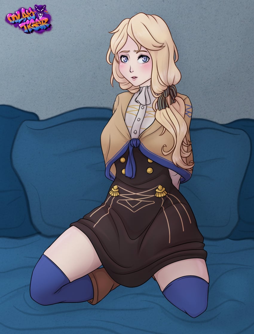 1girls arms_behind_back bare_thighs blonde_hair blue_eyes blush bondage femsub fire_emblem fire_emblem:_three_houses garreg_mach_monastery_uniform hair_over_shoulder long_hair looking_at_viewer mercedes_von_martritz nintendo on_bed oolay-tiger open_mouth pillow side_ponytail solo thighhighs