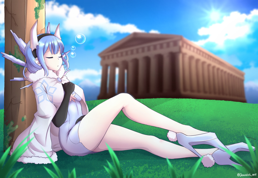 1girls bare_legs blue_hair bubble closed_eyes dress elbow_gloves fire_emblem fire_emblem_heroes gloves high_heels jarckius medium_hair nifl_(fire_emblem) nintendo outdoors sky sleeping solo