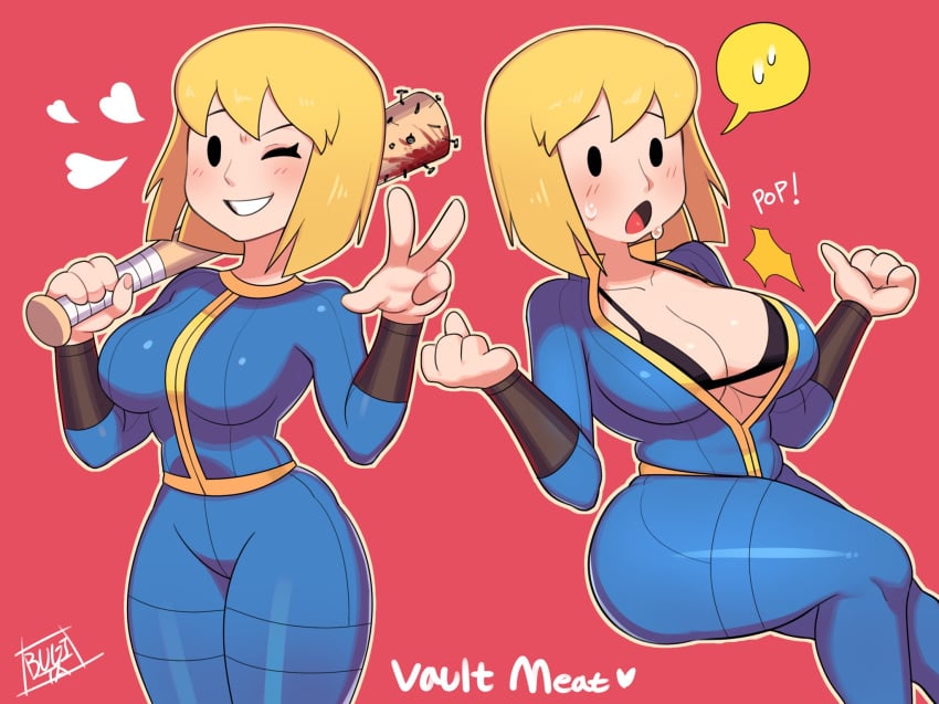 1girls bat_(object) bethesda_softworks big_breasts black_bra blonde_hair blush bodysuit bra breasts bugita cleavage clothed clothing fallout fallout_(series) female female_only heart hi_res mob_face short_hair solo_female spiked_baseball_bat tagme thick_thighs thighs tight_clothing vault_girl vault_meat vault_suit wardrobe_malfunction wink