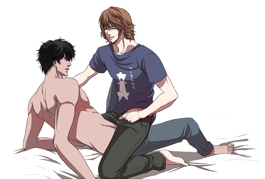 2boys black_hair brown_hair gantz gay hachiro_oka kazuo_kuwabara looking_at_another male male_only on_back on_bed sitting_on_person straddling topless yaoi zackey