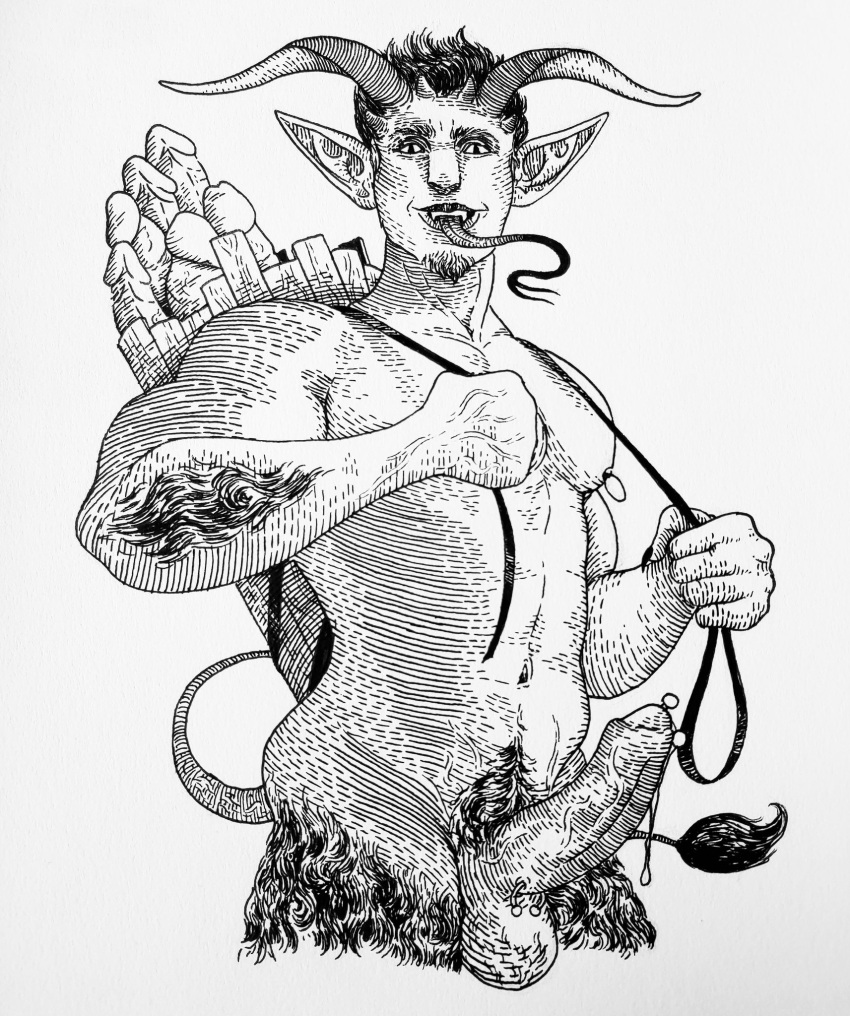 1boy bag_of_sex_toys balls ballsack chin_tuft demon dildo erect_penis erection facial_hair foreskin forked_tongue horned_humanoid horns humanoid intact krampus long_tongue lorum_piercing male male_focus male_only monochrome multiple_dildos mythology partially_retracted_foreskin penis penis_piercing pointy_ears prince_albert_piercing pubes pubic_hair scrotum solo spencart18 tail testicles tongue_out uncut